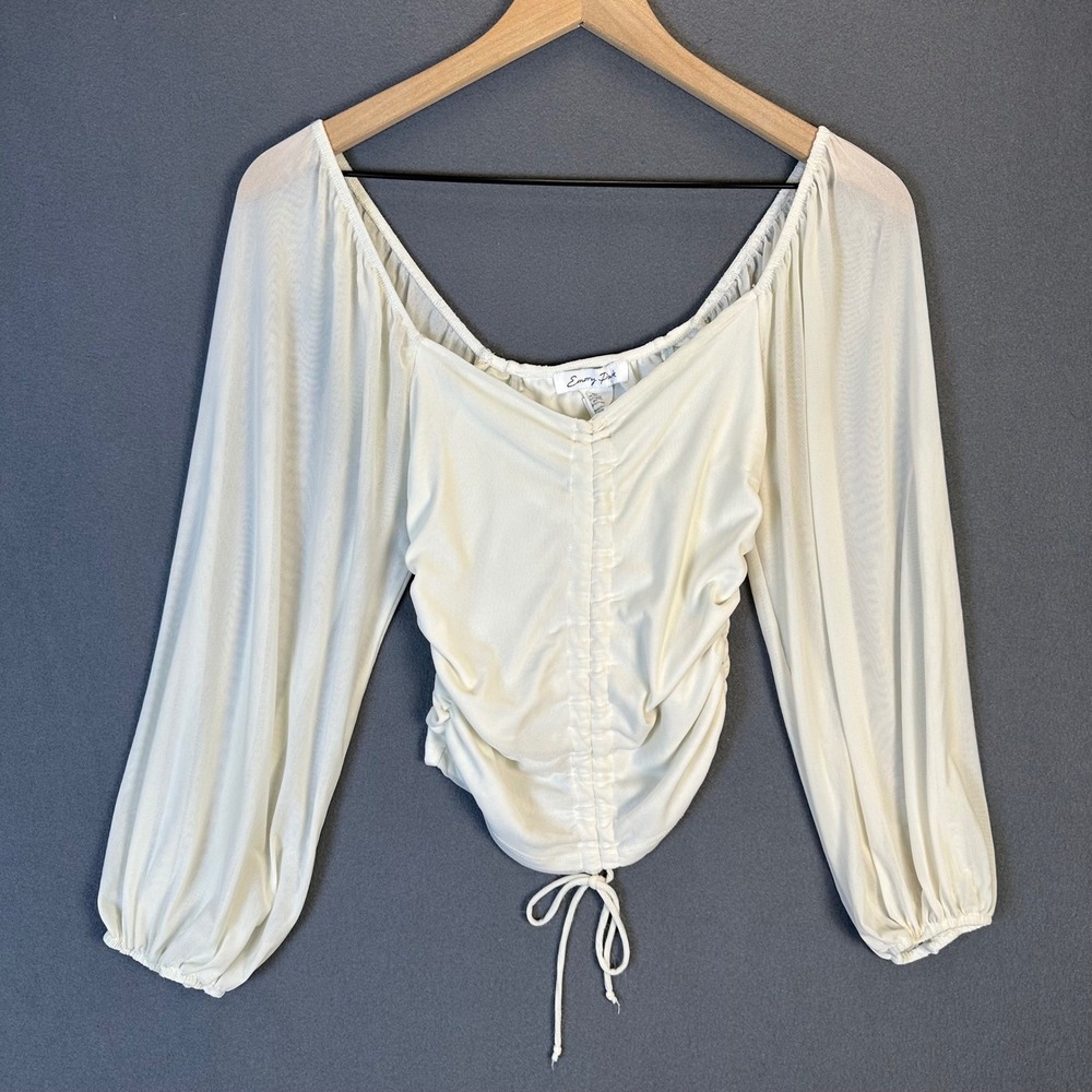 Emory Park Cream Ruched Mesh Long Sleeve Blouse Small Off White Boho Fairy - Picture 3 of 12